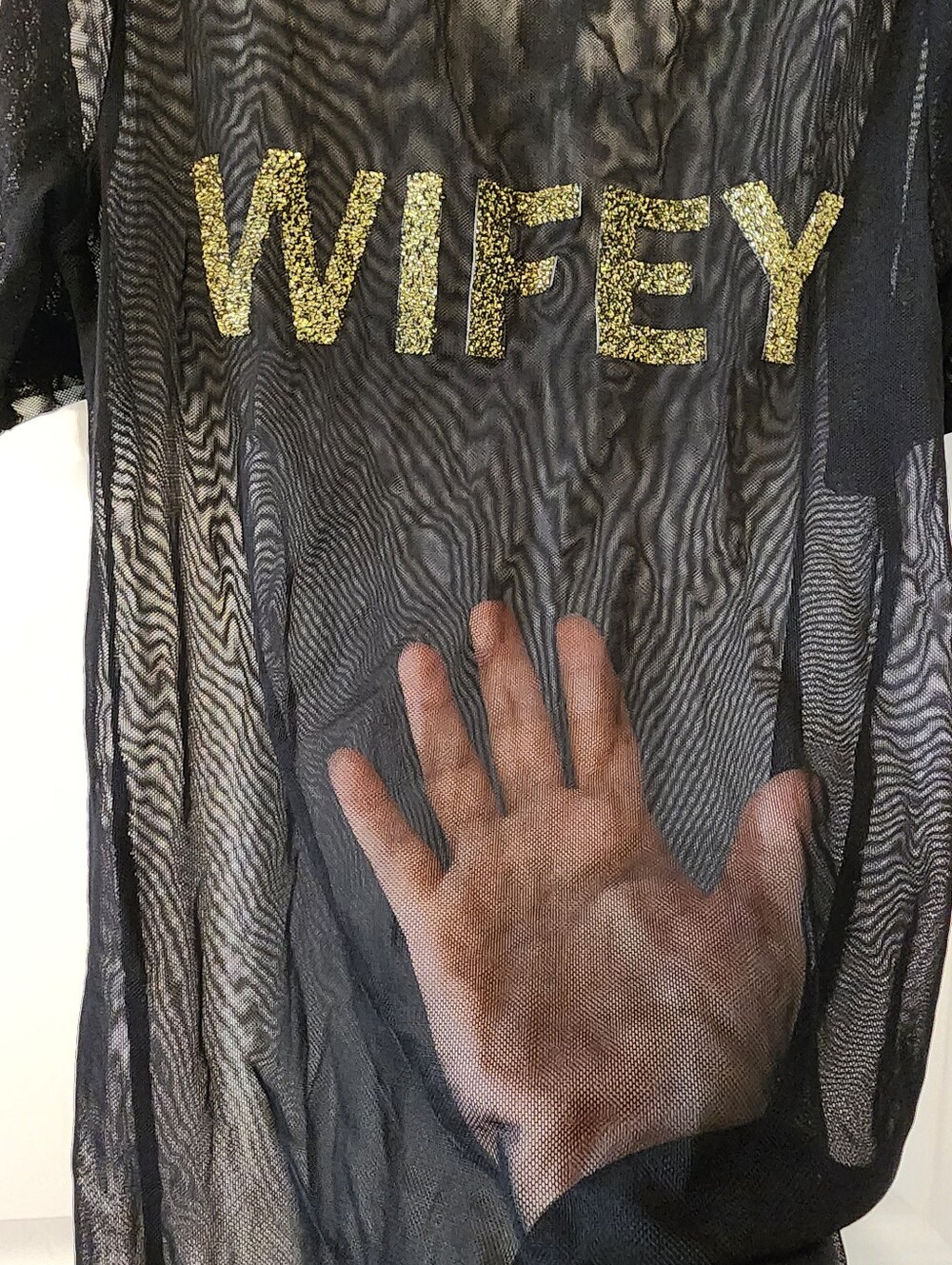 Gaze USA Black Mesh Sheer WIFEY Gold Glitter T Shirt Dress Coverup Top